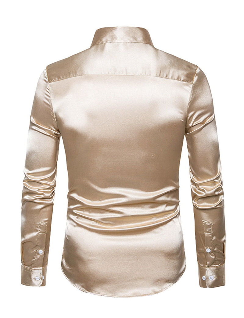 Men's Satin Smooth Button Up Tuxedo Long Sleeve Party Dress Shirt