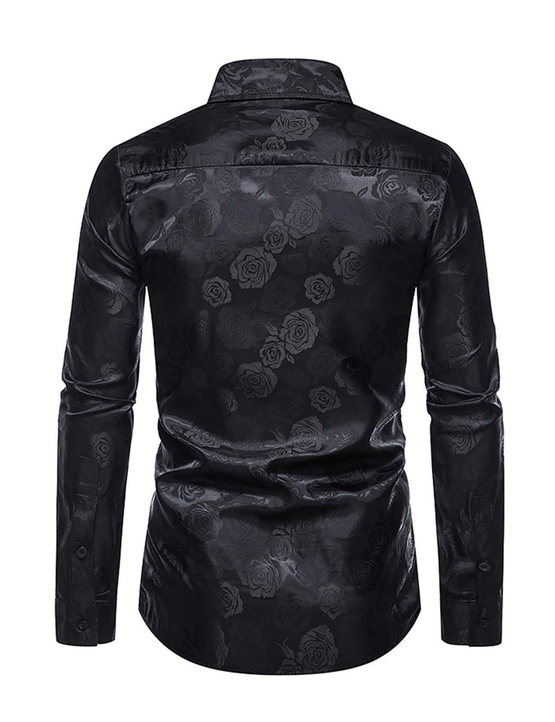 Men's Jacquard Vintage Rose Flower Print Party Prom Long Sleeve Dress Shirt