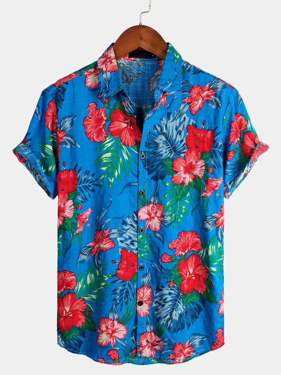 Men's Blue Flower Tropical Hawaii Cotton Short Sleeve Shirt