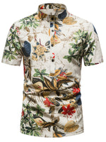 Men's Vintage Summer Floral Print Henley Collar Short Sleeve Beige Hawaiian Shirt