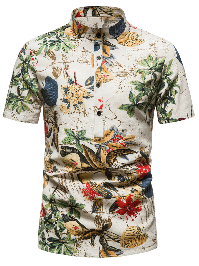 Men's Vintage Summer Floral Print Henley Collar Short Sleeve Beige Hawaiian Shirt