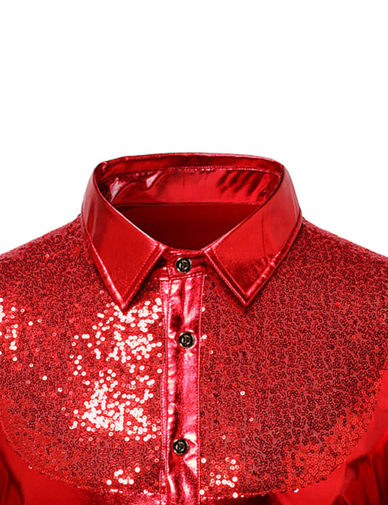 Men's Luxury Shiny Button Up Tuxedo Costume Long Sleeve Party Dress Shirt