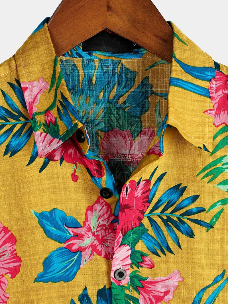 Men's Yellow Flower Tropical Hawaii Cotton Short Sleeve Shirt