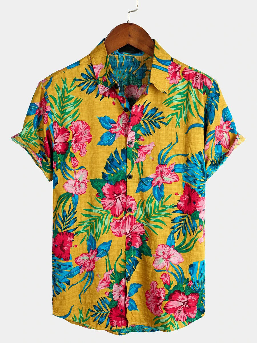 Men's Yellow Flower Tropical Hawaii Cotton Short Sleeve Shirt