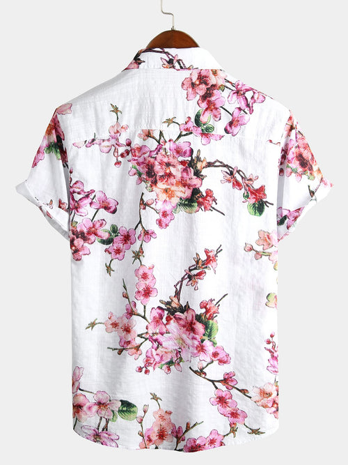 Men's Flower Print Cotton Hawaiian Short Sleeve Shirt