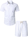 Men's Solid Color Linen Cotton Pocket Short Sleeve Shirts&Shorts