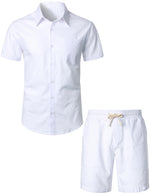 Men's Solid Color Linen Cotton Pocket Short Sleeve Shirts&Shorts
