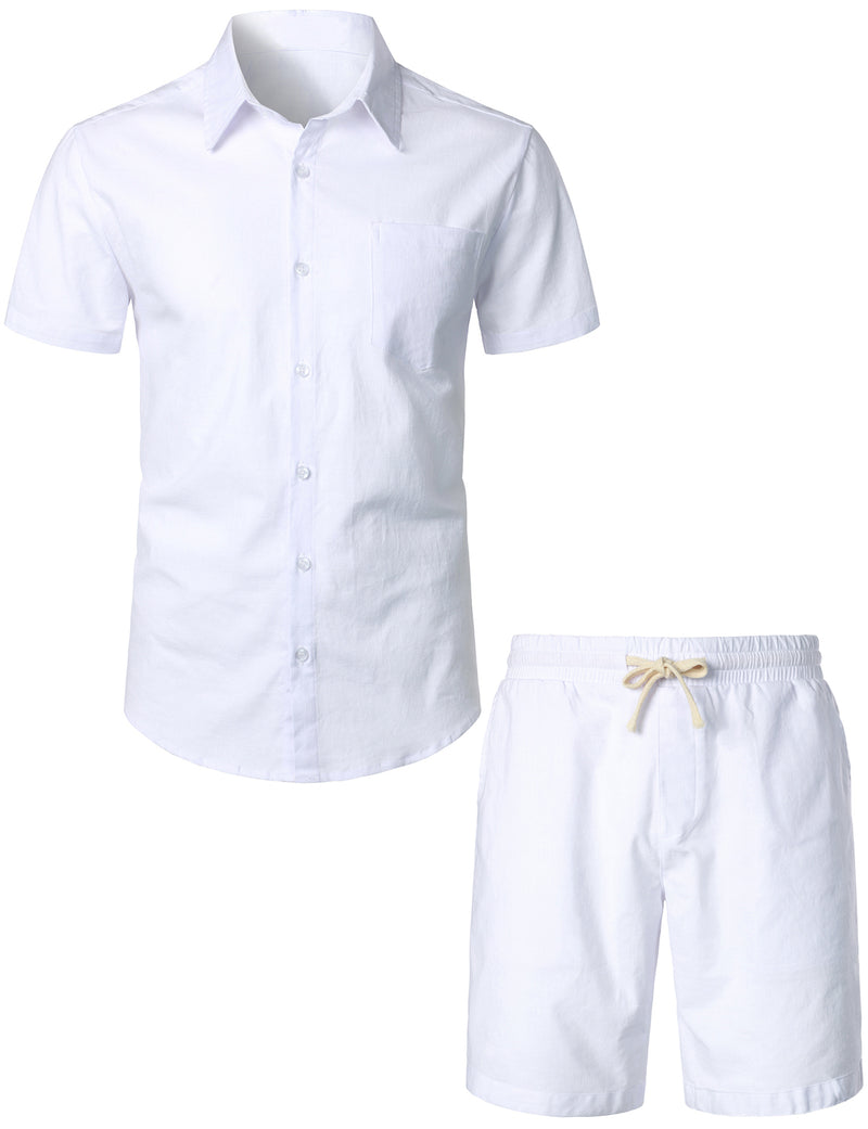 Men's Solid Color Linen Cotton Pocket Short Sleeve Shirts&Shorts