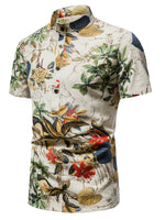 Men's Vintage Summer Floral Print Henley Collar Short Sleeve Beige Hawaiian Shirt