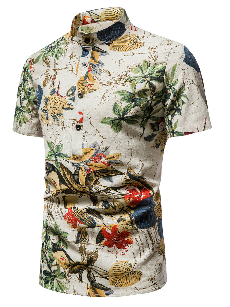 Men's Vintage Summer Floral Print Henley Collar Short Sleeve Beige Hawaiian Shirt