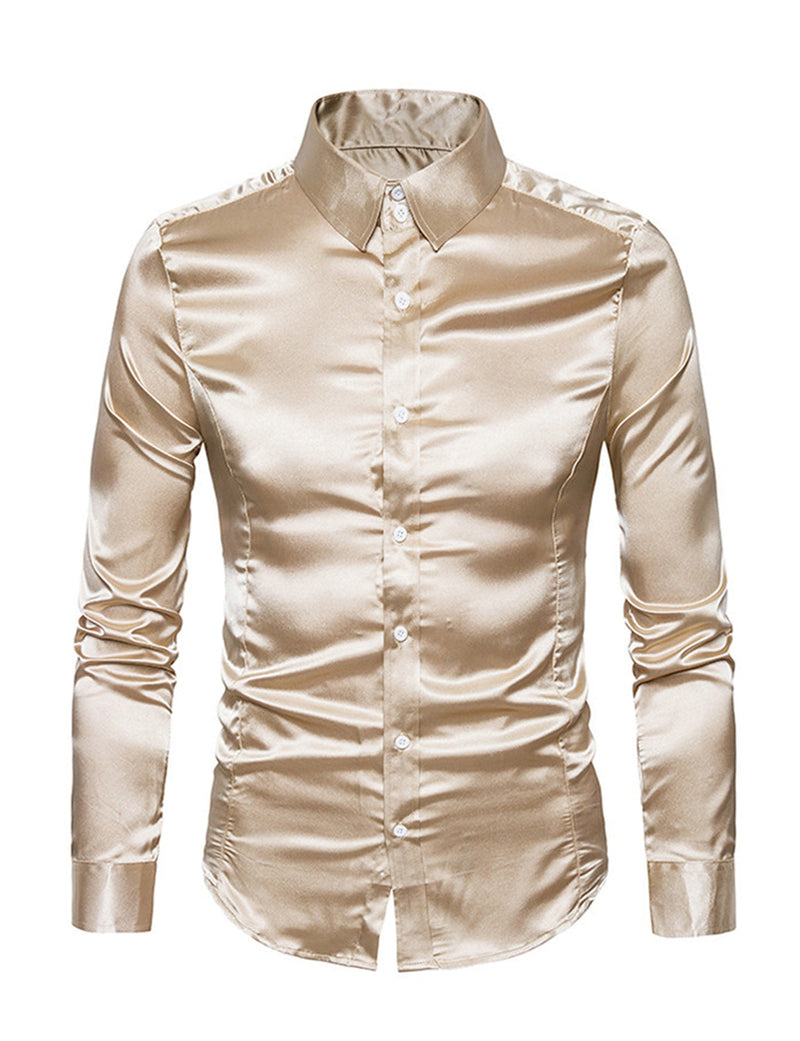 Men's Satin Smooth Button Up Tuxedo Long Sleeve Party Dress Shirt