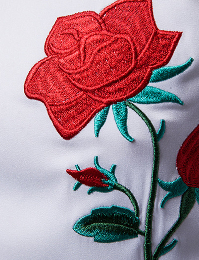 Men's Rose Embroidery Casual Long Sleeve Button Dress Shirt