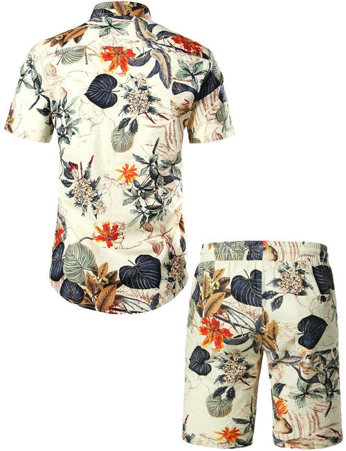 Men's Flower Casual Button Down Hawaiian Shirts&Shorts