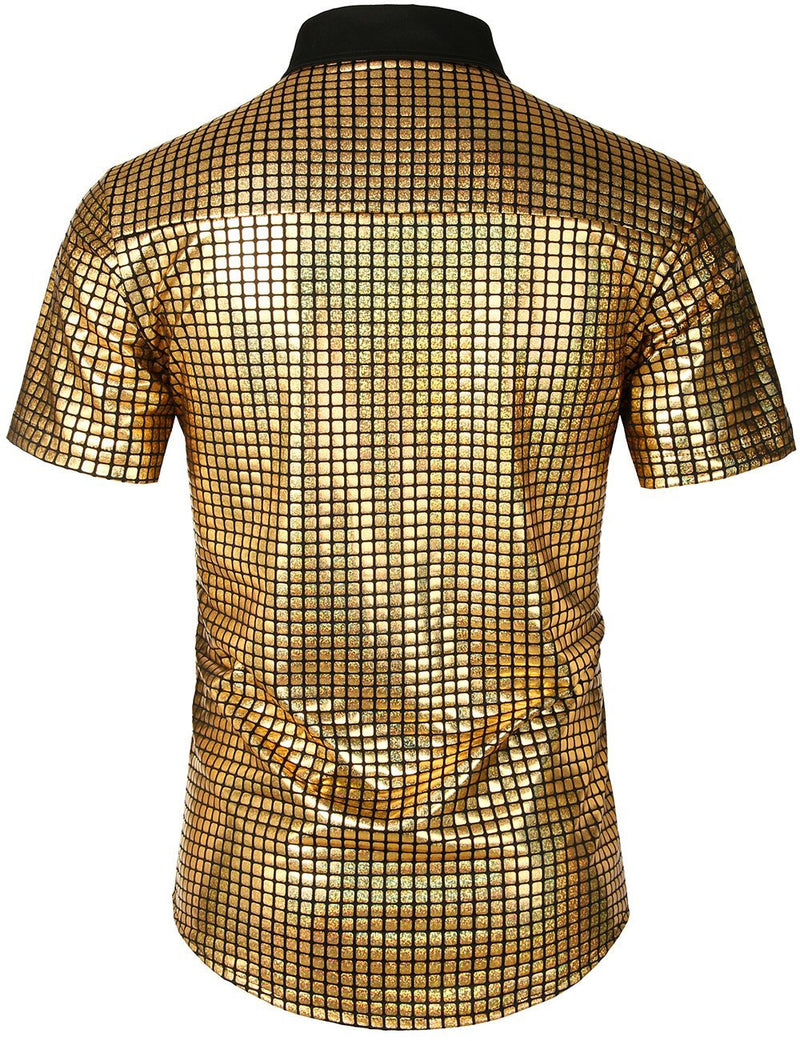 Men's Dress Shirt Sequins Short Sleeves Button Down Shirts Disco Party Costume