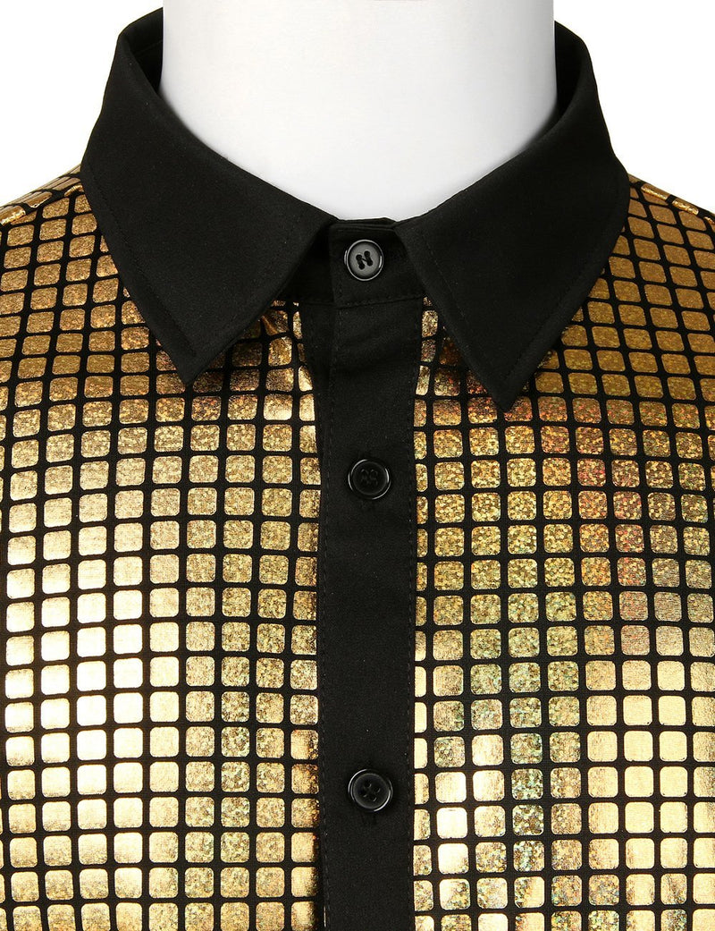 Men's Dress Shirt Sequins Short Sleeves Button Down Shirts Disco Party Costume