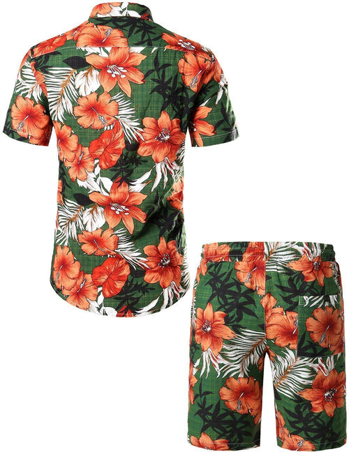 Men's Flower Casual Button Down Hawaiian Shirts&Shorts