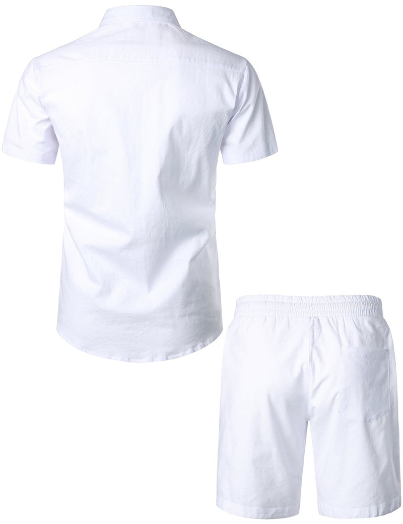 Men's Solid Color Linen Cotton Pocket Short Sleeve Shirts&Shorts