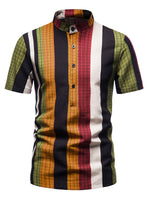 Men's Henley Collar Vintage Rainbow Striped Short Sleeve Shirt