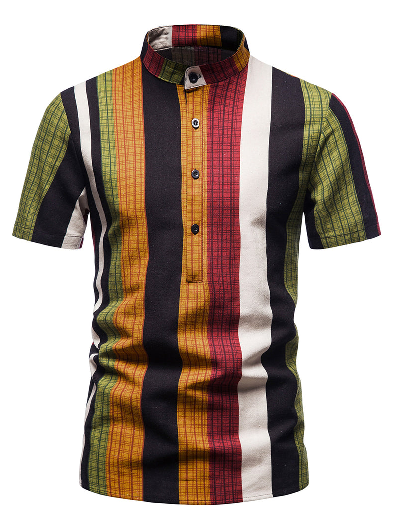 Men's Henley Collar Vintage Rainbow Striped Short Sleeve Shirt