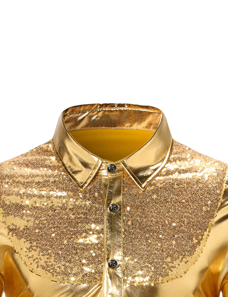 Men's Luxury Shiny Button Up Tuxedo Costume Long Sleeve Party Dress Shirt