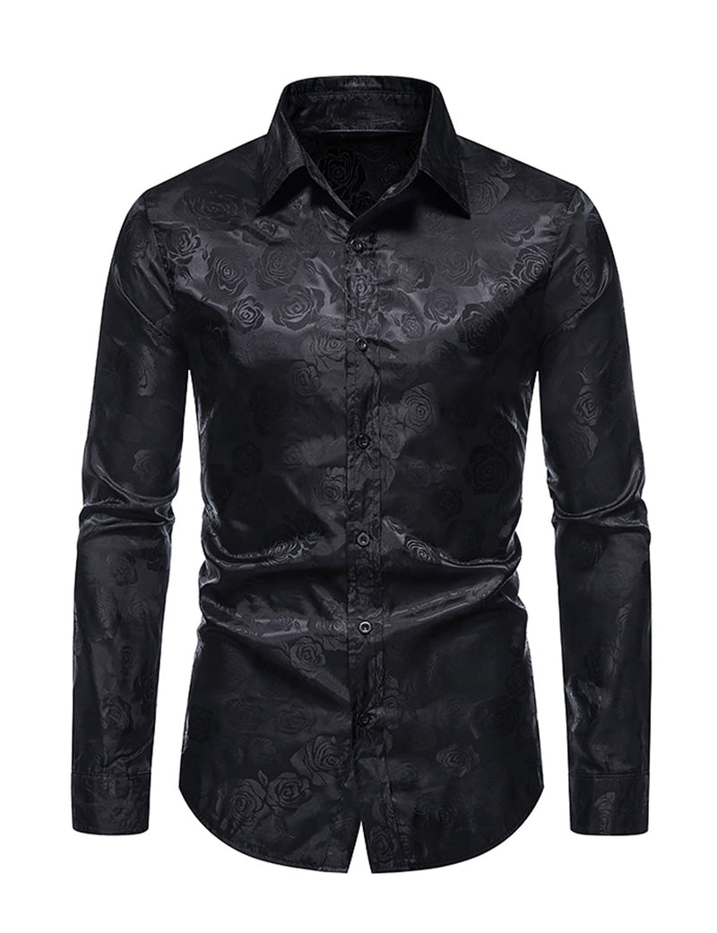 Men's Jacquard Vintage Rose Flower Print Party Prom Long Sleeve Dress Shirt