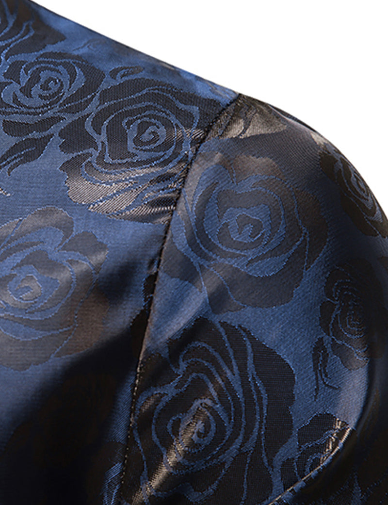 Men's Jacquard Vintage Rose Flower Print Party Prom Long Sleeve Dress Shirt