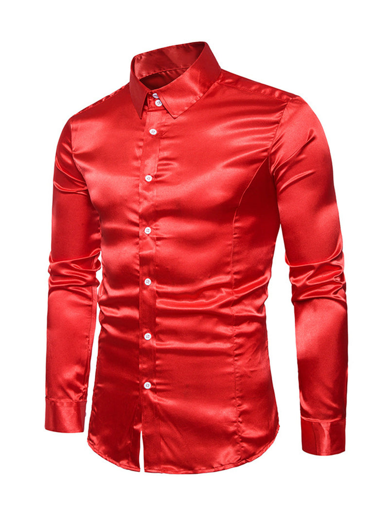 Men's Satin Smooth Button Up Tuxedo Long Sleeve Party Dress Shirt