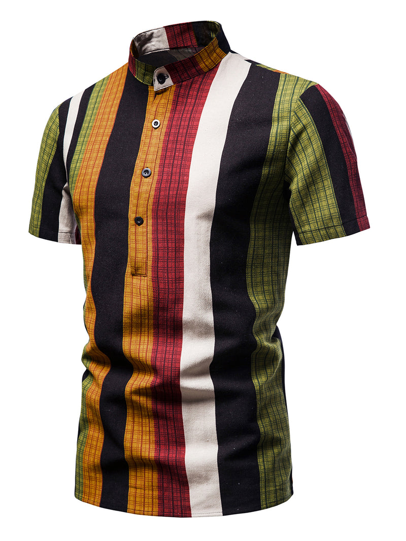 Men's Henley Collar Vintage Rainbow Striped Short Sleeve Shirt