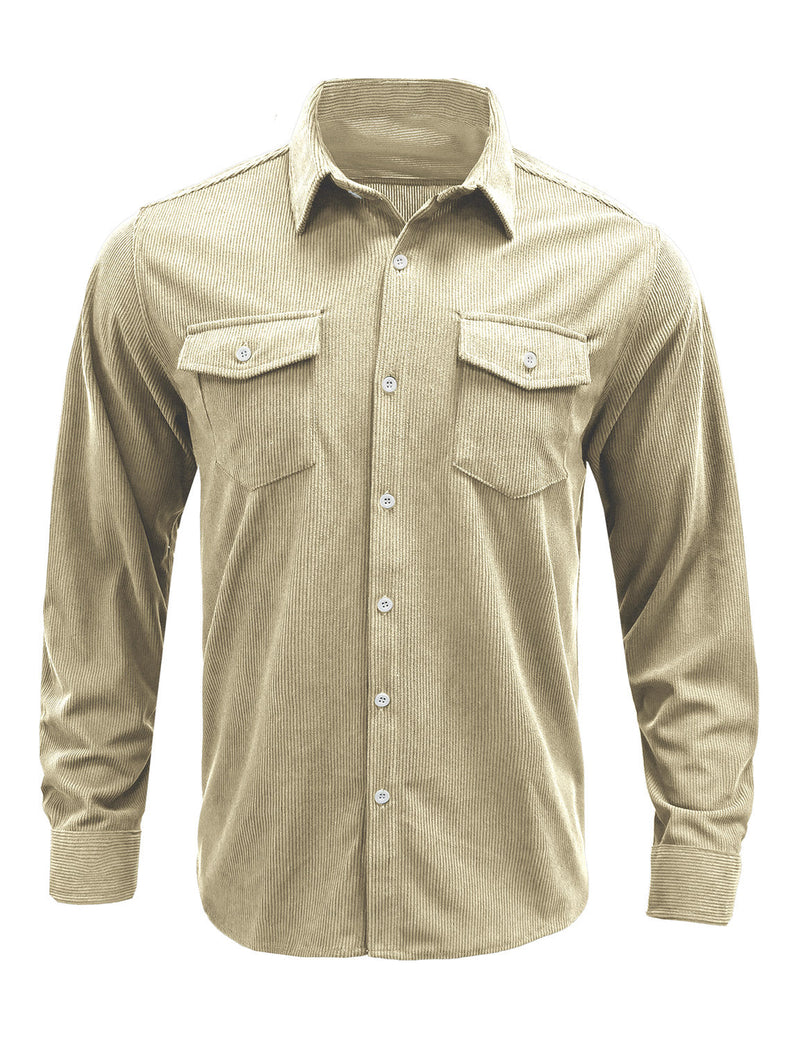 Men's Solid Color Double Pocket Button Up Casual Long Sleeve Fall Winter Shirt