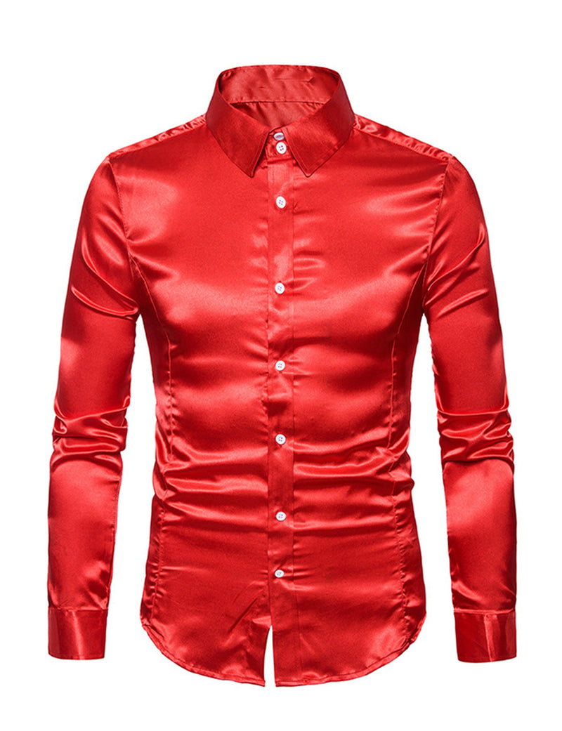 Men's Satin Smooth Button Up Tuxedo Long Sleeve Party Dress Shirt