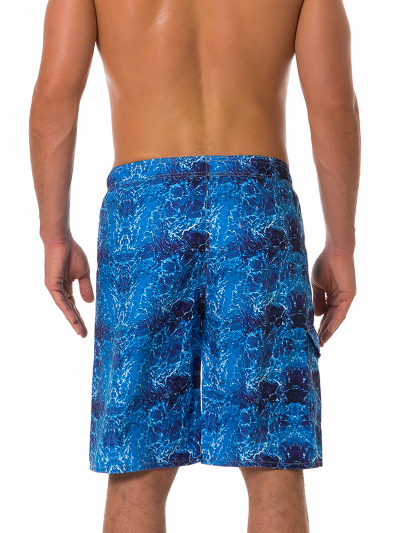 Men's Summer Wave Print Casual Beach Holiday Blue Shorts Swimming Trunks