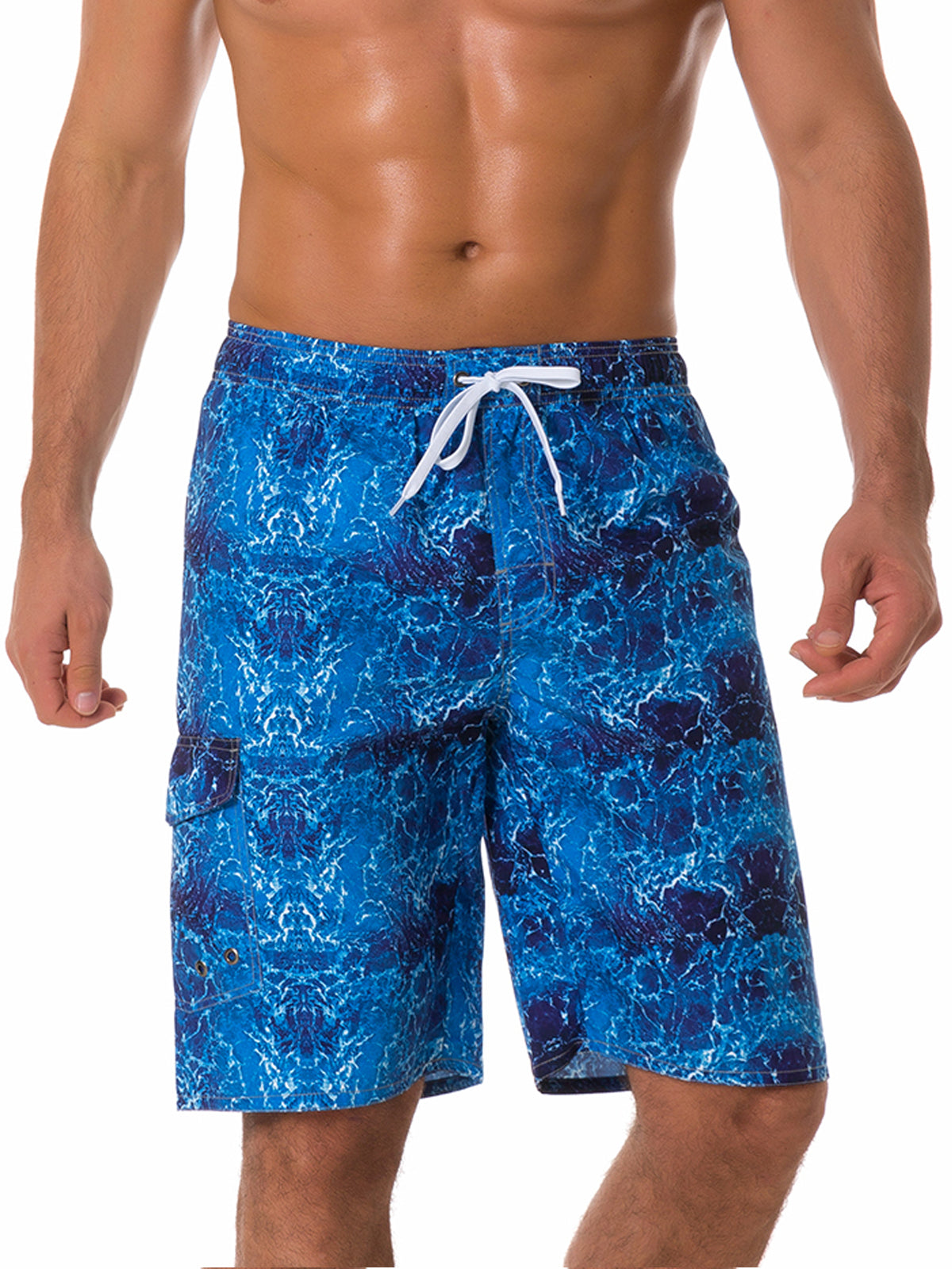 Men's Summer Wave Print Casual Beach Holiday Blue Shorts Swimming Trunks