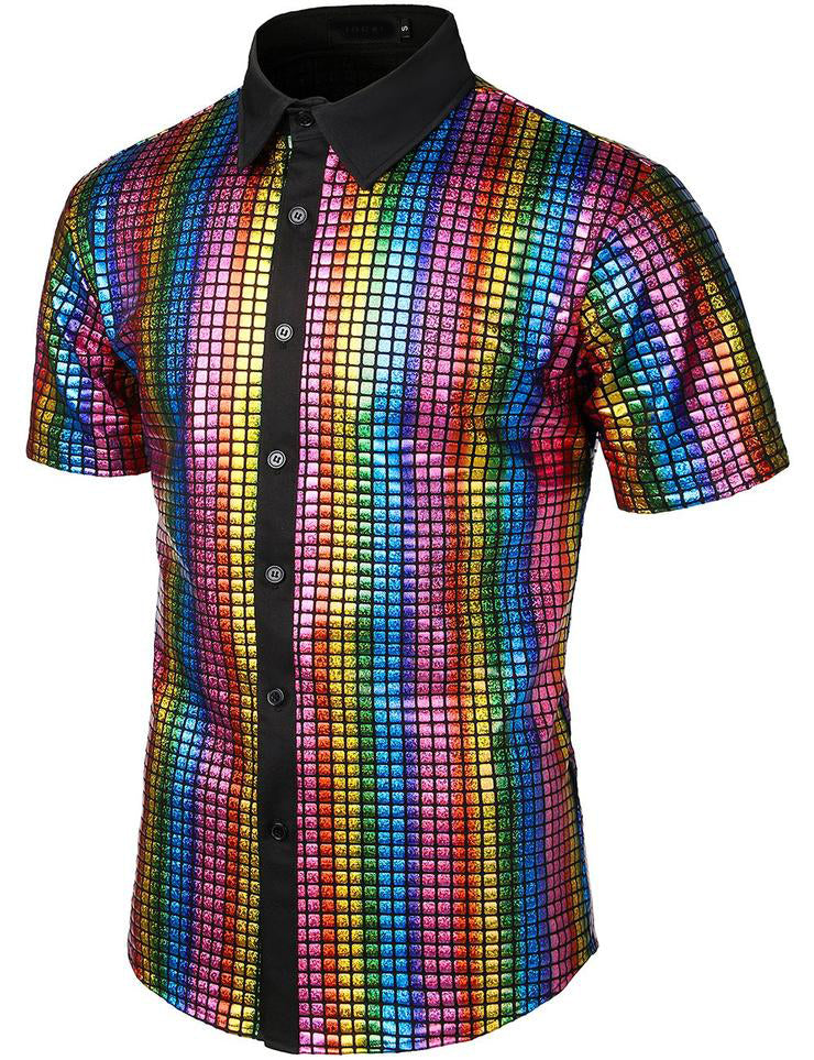 Men's Dress Shirt Sequins Button Down Shirts Disco Party Costume
