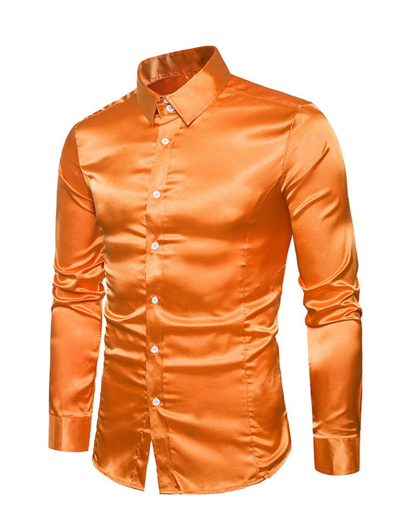 Men's Satin Smooth Button Up Tuxedo Long Sleeve Party Dress Shirt