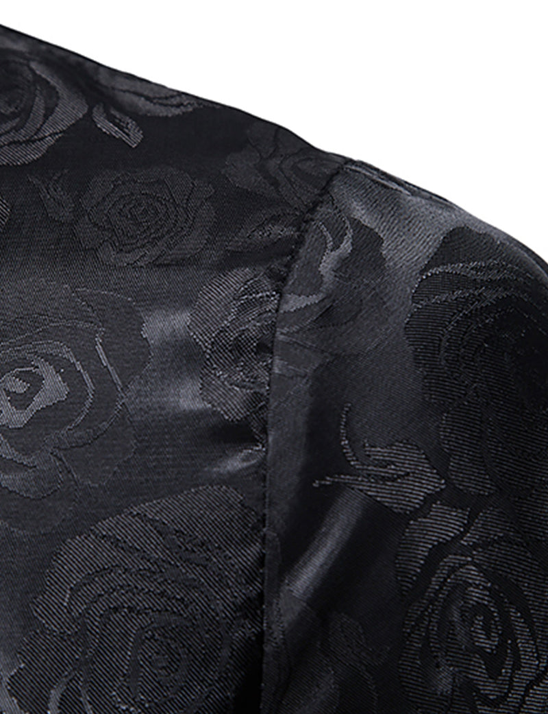 Men's Jacquard Vintage Rose Flower Print Party Prom Long Sleeve Dress Shirt