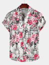 Men's Floral Print Breathable Pink Flower Cotton Short Sleeve Shirt