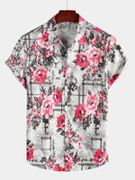 Men's Floral Print Breathable Pink Flower Cotton Short Sleeve Shirt