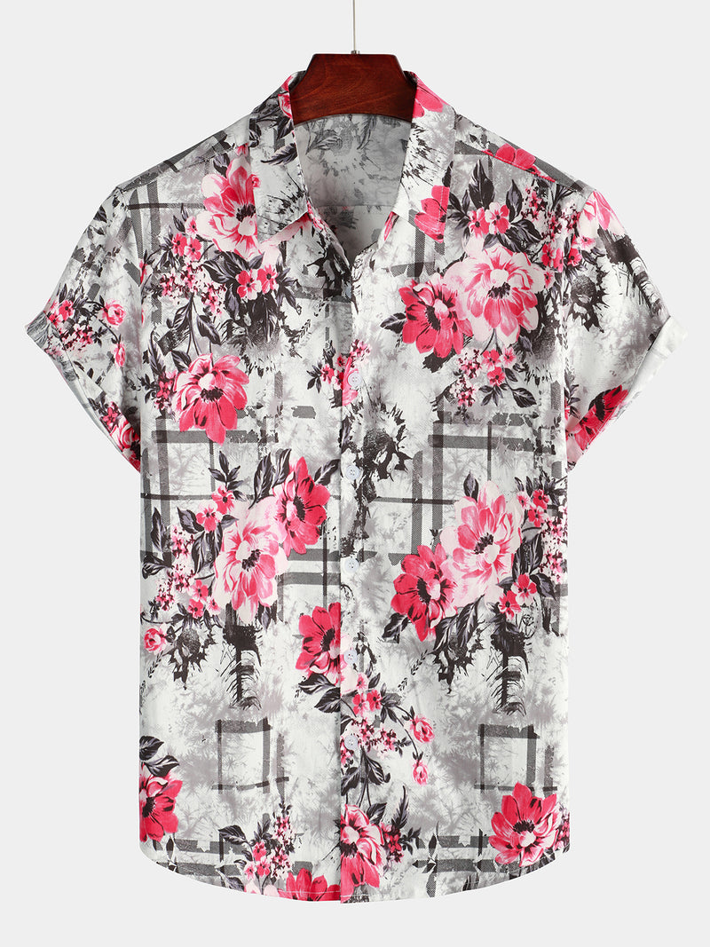 Men's Floral Print Breathable Pink Flower Cotton Short Sleeve Shirt