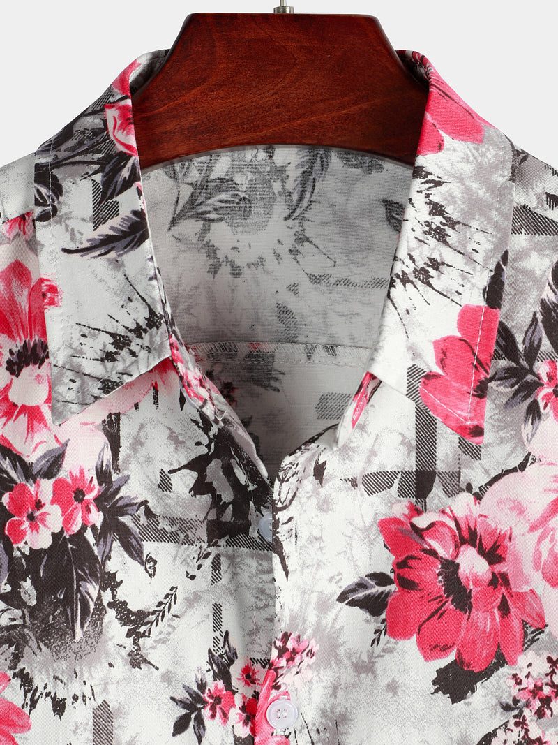 Men's Floral Print Breathable Pink Flower Cotton Short Sleeve Shirt