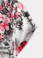 Men's Floral Print Breathable Pink Flower Cotton Short Sleeve Shirt