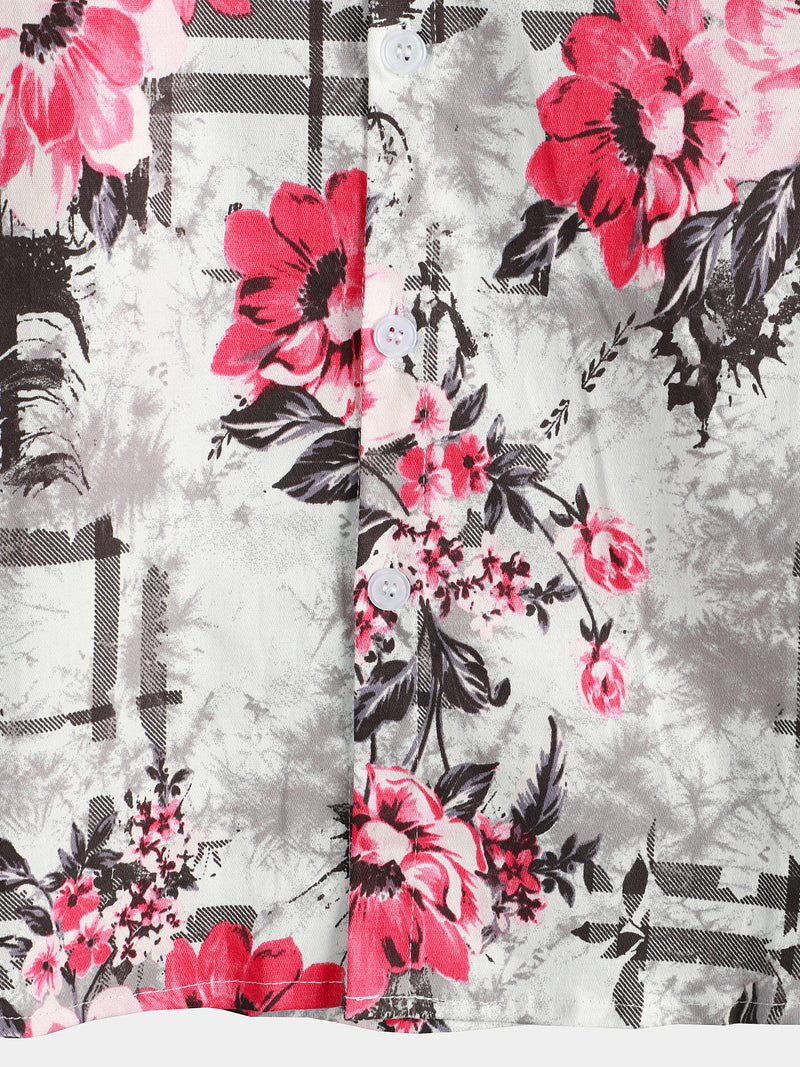 Men's Floral Print Breathable Pink Flower Cotton Short Sleeve Shirt