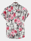 Men's Floral Print Breathable Pink Flower Cotton Short Sleeve Shirt