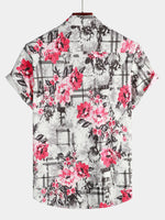 Men's Floral Print Breathable Pink Flower Cotton Short Sleeve Shirt