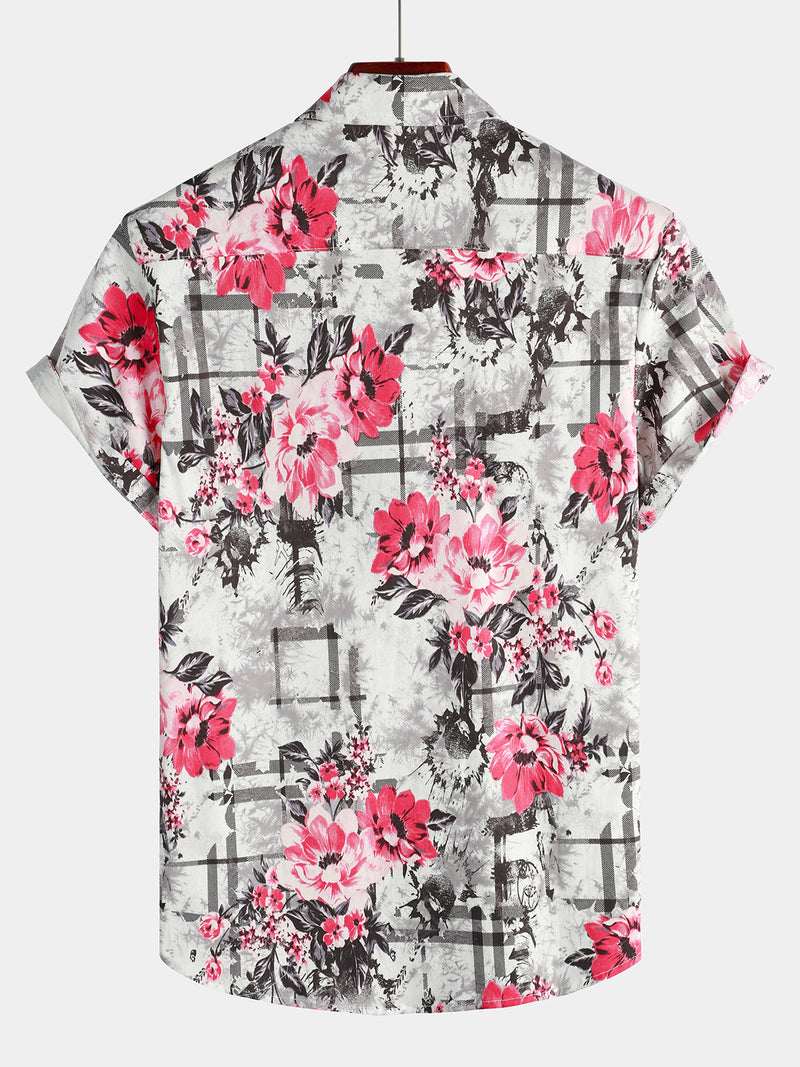 Men's Floral Print Breathable Pink Flower Cotton Short Sleeve Shirt