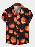 Men's Pumpkin Button Up Black Art Halloween Tops Short Sleeve Shirt