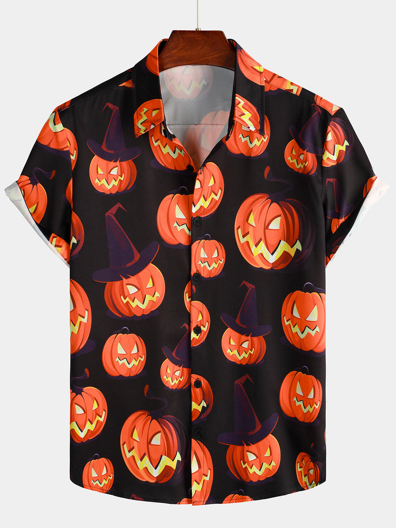 Men's Pumpkin Button Up Black Art Halloween Tops Short Sleeve Shirt