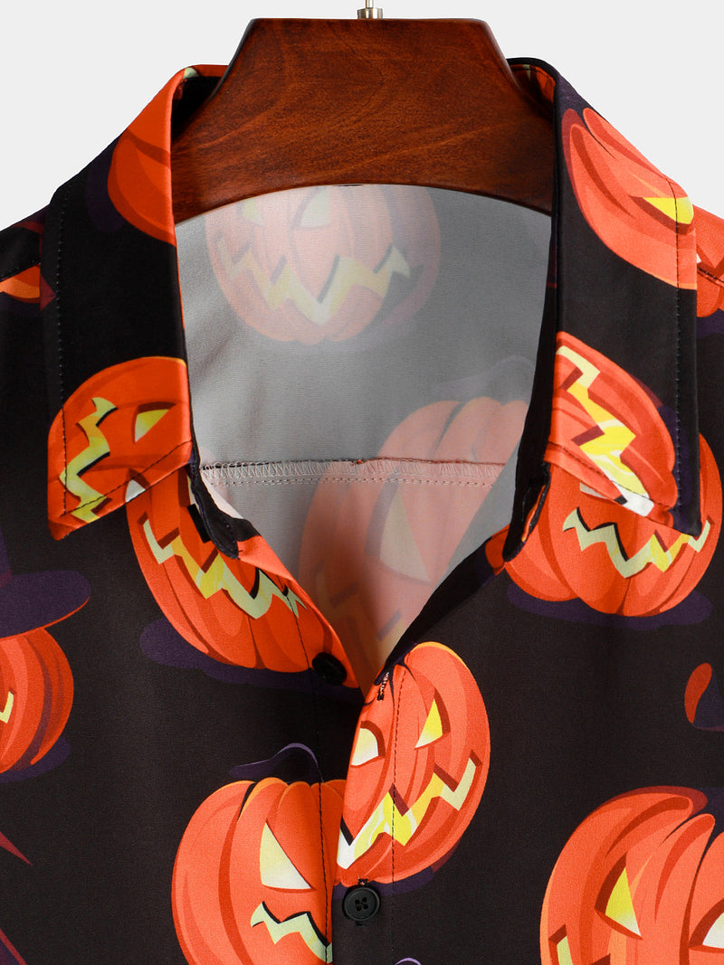 Men's Pumpkin Button Up Black Art Halloween Tops Short Sleeve Shirt