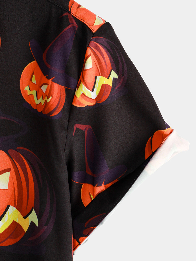 Men's Pumpkin Button Up Black Art Halloween Tops Short Sleeve Shirt