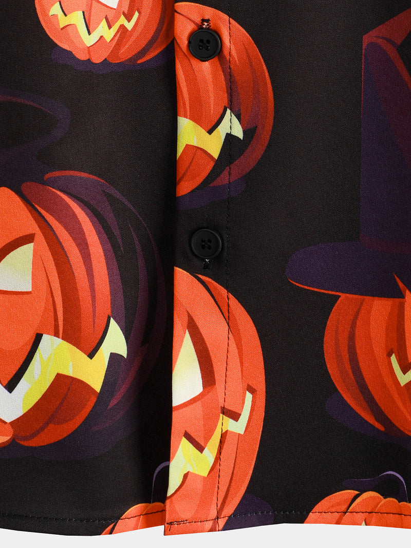 Men's Pumpkin Button Up Black Art Halloween Tops Short Sleeve Shirt