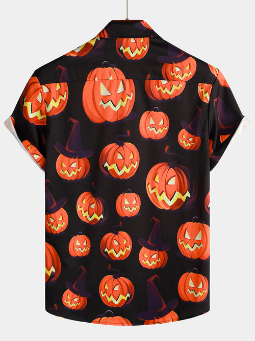 Men's Pumpkin Button Up Black Art Halloween Tops Short Sleeve Shirt